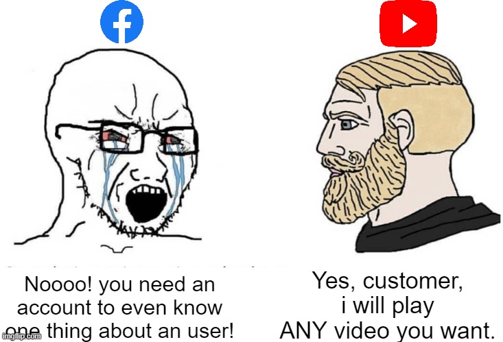 One thing in which YouTube is a chad on | Yes, customer, i will play ANY video you want. Noooo! you need an account to even know one thing about an user! | image tagged in soyboy vs yes chad | made w/ Imgflip meme maker