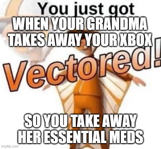 vectored lol | WHEN YOUR GRANDMA TAKES AWAY YOUR XBOX; SO YOU TAKE AWAY HER ESSENTIAL MEDS | image tagged in you just got vectored | made w/ Imgflip meme maker