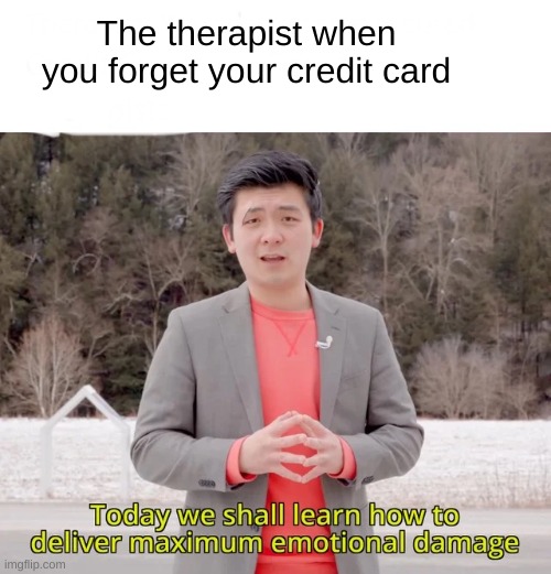 i  alr post in fun | The therapist when you forget your credit card | image tagged in today we will learn how to deal maximum emotional damage | made w/ Imgflip meme maker