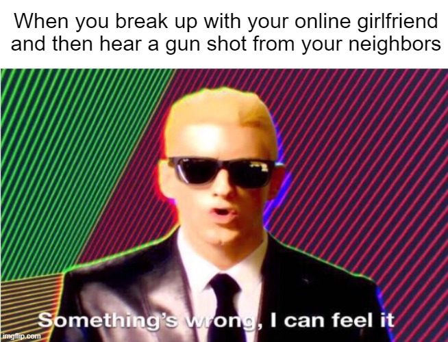 Something’s wrong | When you break up with your online girlfriend and then hear a gun shot from your neighbors | image tagged in something s wrong | made w/ Imgflip meme maker