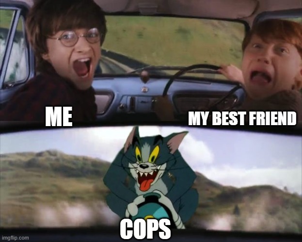 Run | MY BEST FRIEND; ME; COPS | image tagged in tom chasing harry and ron weasly | made w/ Imgflip meme maker