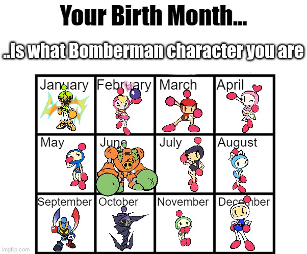 Birth Month Alignment Chart | ..is what Bomberman character you are | image tagged in birth month alignment chart | made w/ Imgflip meme maker