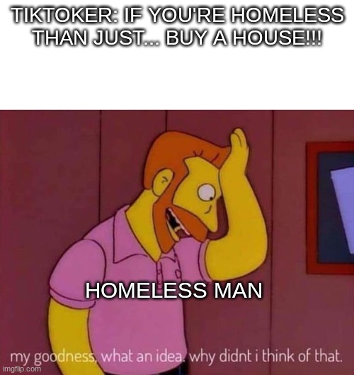 my goodness what an idea why didn't I think of that | TIKTOKER: IF YOU'RE HOMELESS THAN JUST... BUY A HOUSE!!! HOMELESS MAN | image tagged in my goodness what an idea why didn't i think of that | made w/ Imgflip meme maker