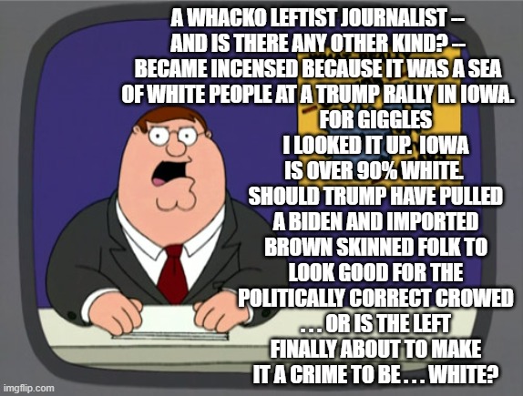 Just some food for thought -- and so it will go over the heads of all leftists. | A WHACKO LEFTIST JOURNALIST -- AND IS THERE ANY OTHER KIND? -- BECAME INCENSED BECAUSE IT WAS A SEA OF WHITE PEOPLE AT A TRUMP RALLY IN IOWA. FOR GIGGLES I LOOKED IT UP.  IOWA IS OVER 90% WHITE.  SHOULD TRUMP HAVE PULLED A BIDEN AND IMPORTED BROWN SKINNED FOLK TO LOOK GOOD FOR THE POLITICALLY CORRECT CROWED . . . OR IS THE LEFT FINALLY ABOUT TO MAKE IT A CRIME TO BE . . . WHITE? | image tagged in peter griffin news | made w/ Imgflip meme maker