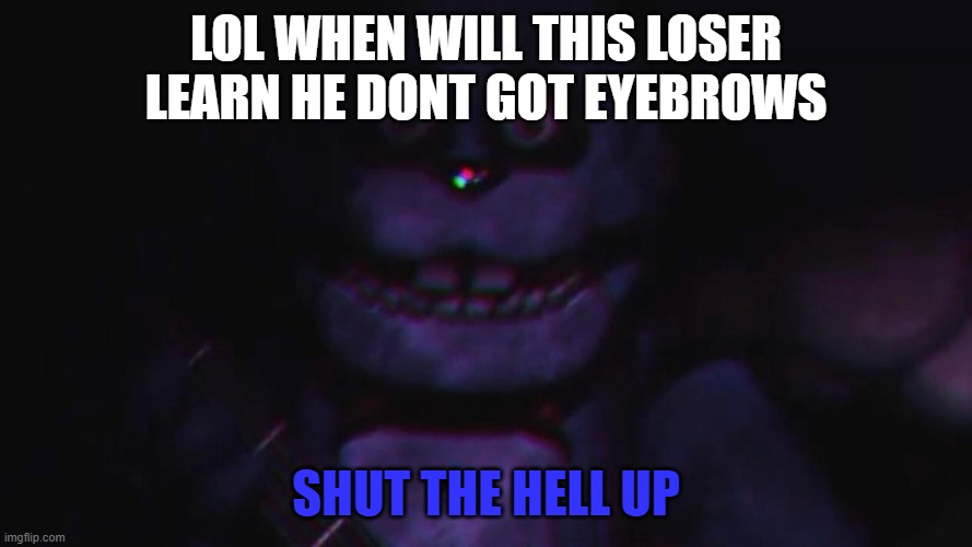 BONNIE EYEBROW MEME 6 | LOL WHEN WILL THIS LOSER LEARN HE DONT GOT EYEBROWS; SHUT THE HELL UP | image tagged in fnaf bonnie | made w/ Imgflip meme maker