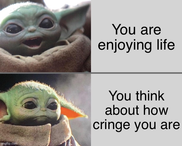 Baby Yoda v3 (Happy → Sad) | You are enjoying life; You think about how cringe you are | image tagged in baby yoda v3 happy sad | made w/ Imgflip meme maker