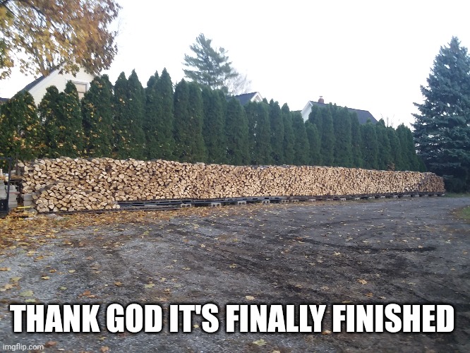 17 pickup truck loads of wood split and stacked |  THANK GOD IT'S FINALLY FINISHED | image tagged in wood | made w/ Imgflip meme maker
