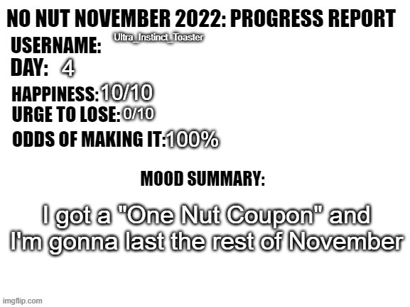 I already used it today... *embarrassed laughter* | Ultra_Instinct_Toaster; 4; 10/10; 0/10; 100%; I got a "One Nut Coupon" and I'm gonna last the rest of November | image tagged in no nut november 2022 progress report | made w/ Imgflip meme maker