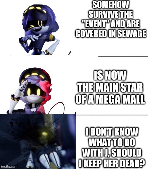 The smg4 canon game, main drones so far... | SOMEHOW SURVIVE THE "EVENT" AND ARE COVERED IN SEWAGE; IS NOW THE MAIN STAR OF A MEGA MALL; I DON'T KNOW WHAT TO DO WITH J, SHOULD I KEEP HER DEAD? | image tagged in better better blurst murder drones edition | made w/ Imgflip meme maker