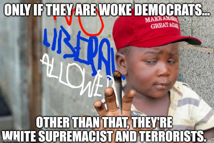 ONLY IF THEY ARE WOKE DEMOCRATS... OTHER THAN THAT, THEY'RE WHITE SUPREMACIST AND TERRORISTS. | made w/ Imgflip meme maker