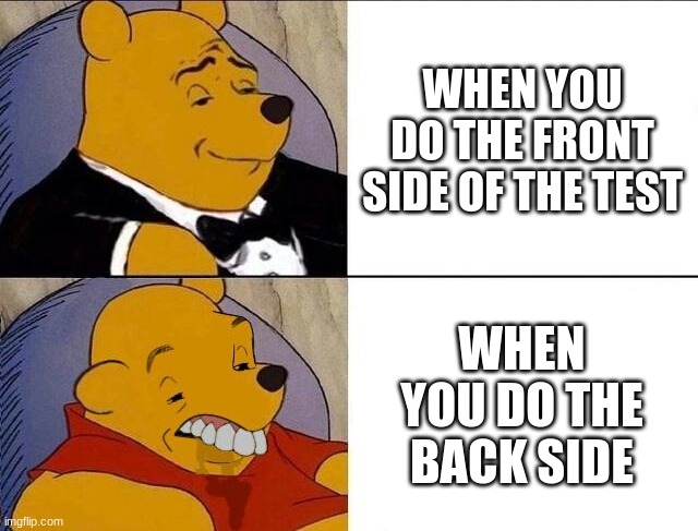 Tuxedo Winnie the Pooh grossed reverse | WHEN YOU DO THE FRONT SIDE OF THE TEST; WHEN YOU DO THE BACK SIDE | image tagged in tuxedo winnie the pooh grossed reverse | made w/ Imgflip meme maker