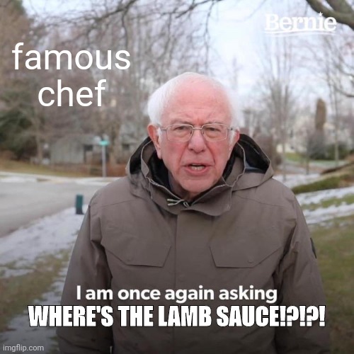 Bernie I Am Once Again Asking For Your Support | famous chef; WHERE'S THE LAMB SAUCE!?!?! | image tagged in chef gordon ramsay,bernie i am once again asking for your support,bernie sanders,lamb sauce | made w/ Imgflip meme maker