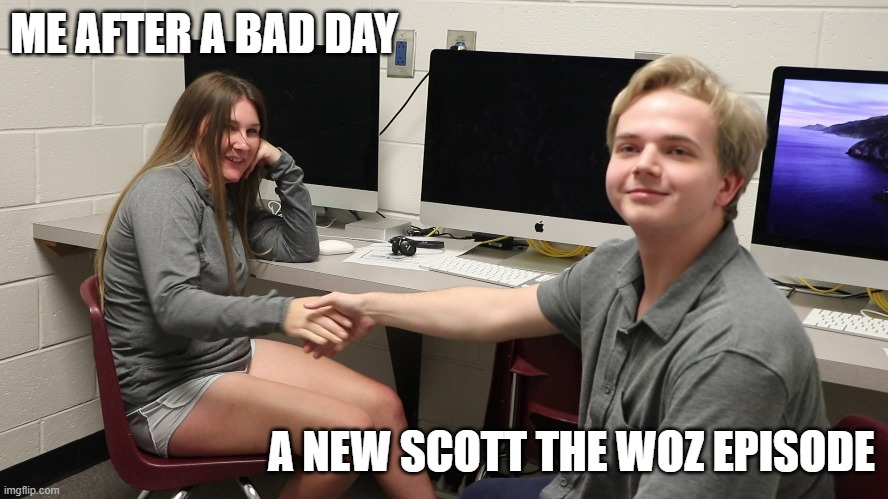 Awkwardly Shaking Hands | ME AFTER A BAD DAY; A NEW SCOTT THE WOZ EPISODE | image tagged in the office files,lyndon padgett,madison dorris,epic hand shake,scott the woz,happiness | made w/ Imgflip meme maker