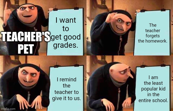 Teacher's pets be like: | I want to get good grades. The teacher forgets the homework. TEACHER'S PET; I remind the teacher to give it to us. I am the least popular kid in the entire school. | image tagged in memes,gru's plan,school,homework,popular | made w/ Imgflip meme maker