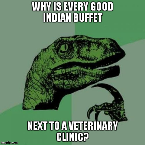 Philosoraptor Meme | WHY IS EVERY GOOD INDIAN BUFFET  NEXT TO A VETERINARY CLINIC? | image tagged in memes,philosoraptor | made w/ Imgflip meme maker