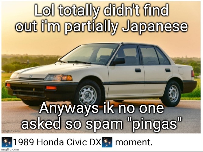 1989 honda civic dx moment | Lol totally didn't find out i'm partially Japanese; Anyways ik no one asked so spam "pingas" | image tagged in 1989 honda civic dx moment,pingas | made w/ Imgflip meme maker