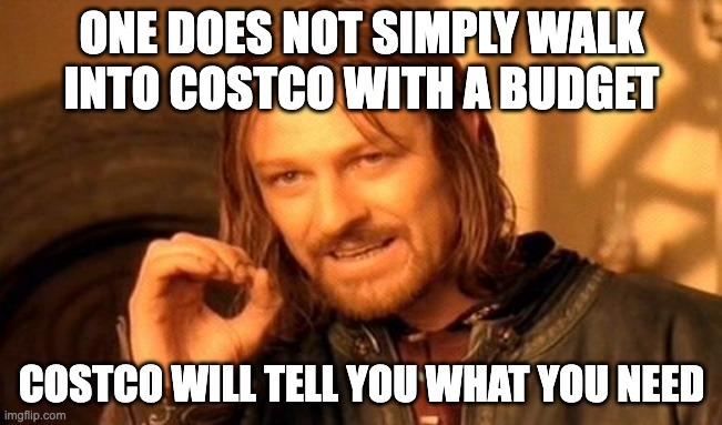 One Does Not Simply | ONE DOES NOT SIMPLY WALK INTO COSTCO WITH A BUDGET; COSTCO WILL TELL YOU WHAT YOU NEED | image tagged in memes,one does not simply | made w/ Imgflip meme maker