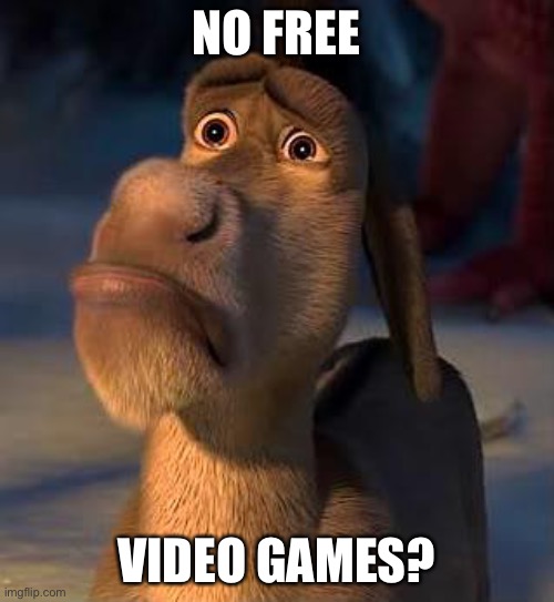 That moment when, there are no free video games | NO FREE; VIDEO GAMES? | image tagged in sad donkey,video games,memes,animals,donkey | made w/ Imgflip meme maker