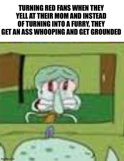 sad squidward | TURNING RED FANS WHEN THEY YELL AT THEIR MOM AND INSTEAD OF TURNING INTO A FURRY, THEY GET AN ASS WHOOPING AND GET GROUNDED | image tagged in sad squidward | made w/ Imgflip meme maker