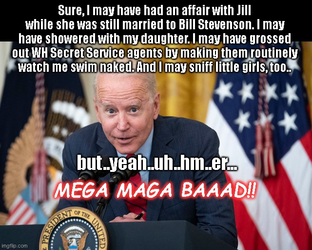 Biden defends his rep | Sure, I may have had an affair with Jill while she was still married to Bill Stevenson. I may have showered with my daughter. I may have grossed out WH Secret Service agents by making them routinely watch me swim naked. And I may sniff little girls, too.. but..yeah..uh..hm..er... MEGA MAGA BAAAD!! | image tagged in biden whisper,creepy joe biden,old pervert,biden hates half of the voters,maga,political humor | made w/ Imgflip meme maker