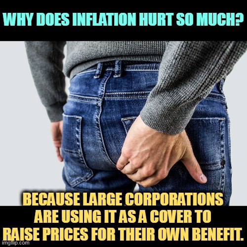 WHY DOES INFLATION HURT SO MUCH? BECAUSE LARGE CORPORATIONS ARE USING IT AS A COVER TO RAISE PRICES FOR THEIR OWN BENEFIT. | image tagged in inflation,price,cheating | made w/ Imgflip meme maker
