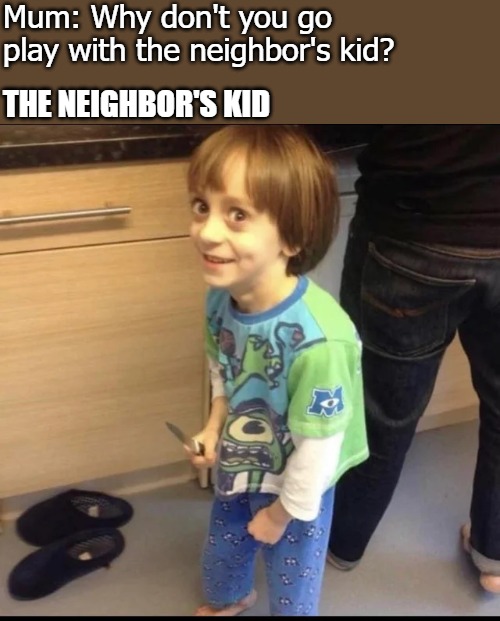 Mum: Why don't you go play with the neighbor's kid? THE NEIGHBOR'S KID | image tagged in true story | made w/ Imgflip meme maker