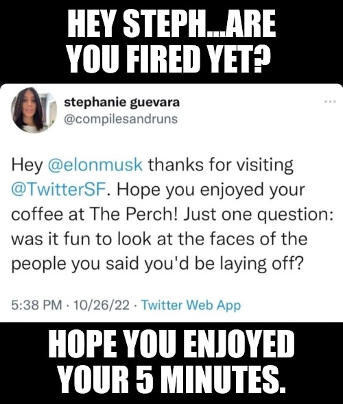 Is it too soon for a, "Twitter's: Where are They Now?" | HEY STEPH...ARE YOU FIRED YET? HOPE YOU ENJOYED YOUR 5 MINUTES. | image tagged in memes,politics,twitter,censorship,elon musk,you're fired | made w/ Imgflip meme maker