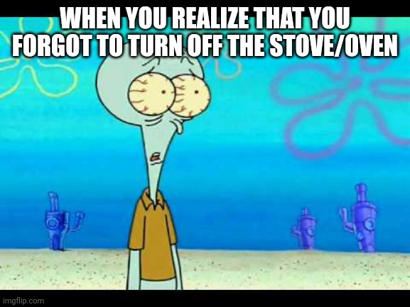 ?B?U?R?N? | WHEN YOU REALIZE THAT YOU FORGOT TO TURN OFF THE STOVE/OVEN | image tagged in squidward face,oven | made w/ Imgflip meme maker