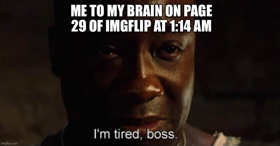 Let me sleep brain |  ME TO MY BRAIN ON PAGE 29 OF IMGFLIP AT 1:14 AM | image tagged in i'm tired boss,relatable,tired | made w/ Imgflip meme maker