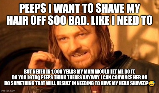 Ppl i need help | PEEPS I WANT TO SHAVE MY HAIR OFF SOO BAD. LIKE I NEED TO; BUT NEVER IN 1,000 YEARS MY MOM WOULD LET ME DO IT. DO YOU LGTBQ PEEPS THINK THERES ANYWAY I CAN CONVINCE HER OR DO SOMETHING THAT WILL RESULT IN NEEDING TO HAVE MY HEAD SHAVED?😅 | image tagged in memes,one does not simply | made w/ Imgflip meme maker