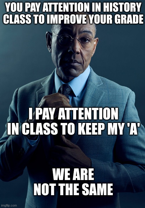 Gustavo fring history | YOU PAY ATTENTION IN HISTORY CLASS TO IMPROVE YOUR GRADE; I PAY ATTENTION IN CLASS TO KEEP MY 'A'; WE ARE NOT THE SAME | image tagged in gus fring we are not the same | made w/ Imgflip meme maker