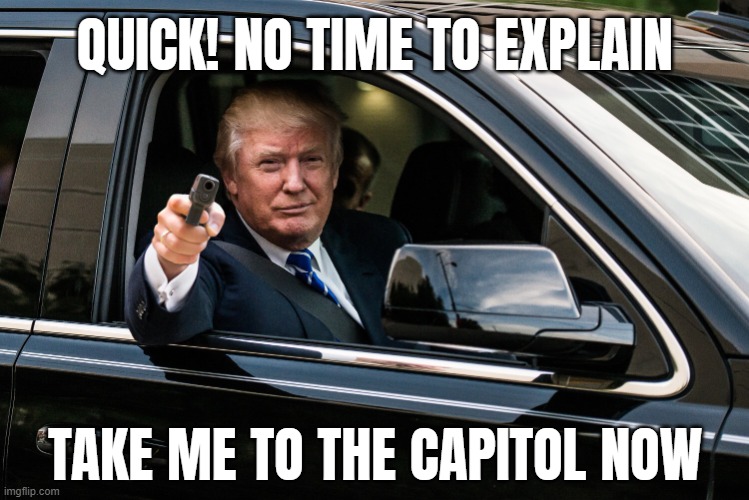 you pulled the trigger of my................TRUMP GUN! | QUICK! NO TIME TO EXPLAIN; TAKE ME TO THE CAPITOL NOW | image tagged in trump gun,quick,get in loser,capitol hill,riots,furry with gun | made w/ Imgflip meme maker