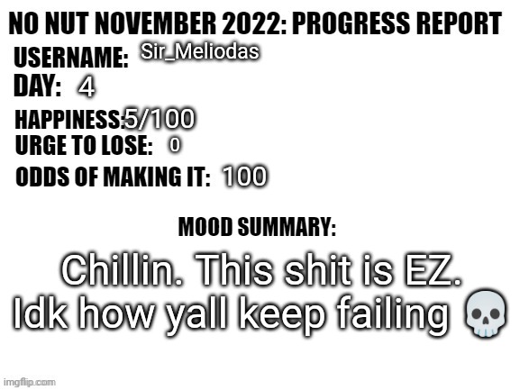 This shit EZ as hell | Sir_Meliodas; 4; 5/100; 100; Chillin. This shit is EZ. Idk how yall keep failing 💀 | image tagged in no nut november 2022 progress report | made w/ Imgflip meme maker