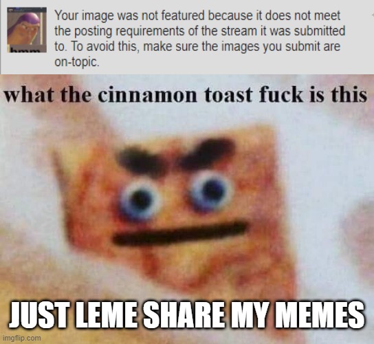 Bruh | JUST LEME SHARE MY MEMES | image tagged in what the cinnamon toast f is this | made w/ Imgflip meme maker