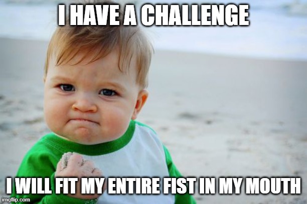 what kids think is cool | I HAVE A CHALLENGE; I WILL FIT MY ENTIRE FIST IN MY MOUTH | image tagged in memes,success kid original,fist,mouth,challenge | made w/ Imgflip meme maker