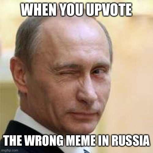 Putin Winking | WHEN YOU UPVOTE THE WRONG MEME IN RUSSIA | image tagged in putin winking | made w/ Imgflip meme maker