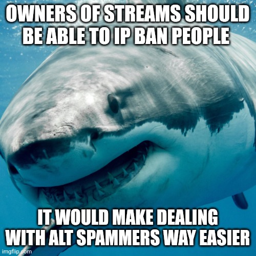 goofy ahh shark | OWNERS OF STREAMS SHOULD BE ABLE TO IP BAN PEOPLE; IT WOULD MAKE DEALING WITH ALT SPAMMERS WAY EASIER | image tagged in goofy ahh shark | made w/ Imgflip meme maker