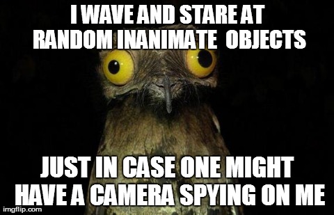 weird stuff i do pootoo | I WAVE AND STARE AT RANDOM INANIMATE 
OBJECTS JUST IN CASE ONE MIGHT HAVE A CAMERA SPYING ON ME | image tagged in weird stuff i do pootoo,AdviceAnimals | made w/ Imgflip meme maker
