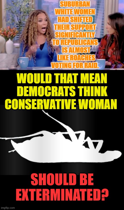 What They Really Think Comes Out | SUBURBAN WHITE WOMEN HAD SHIFTED THEIR SUPPORT SIGNIFICANTLY TO REPUBLICANS   IS ALMOST   LIKE ROACHES VOTING FOR RAID. WOULD THAT MEAN DEMOCRATS THINK CONSERVATIVE WOMAN; SHOULD BE EXTERMINATED? | image tagged in memes,politics,democrats,conservative,women,raid | made w/ Imgflip meme maker