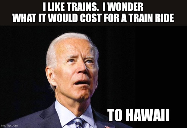 Dementia Joe | I LIKE TRAINS.  I WONDER WHAT IT WOULD COST FOR A TRAIN RIDE; TO HAWAII | image tagged in confused joe biden | made w/ Imgflip meme maker
