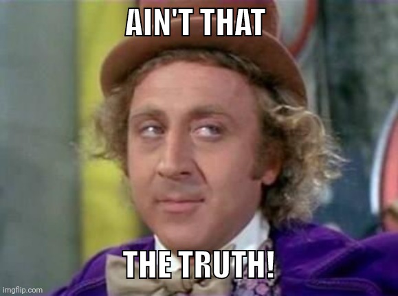 Wonka- Sarcastic Look | AIN'T THAT; THE TRUTH! | image tagged in wonka- sarcastic look | made w/ Imgflip meme maker