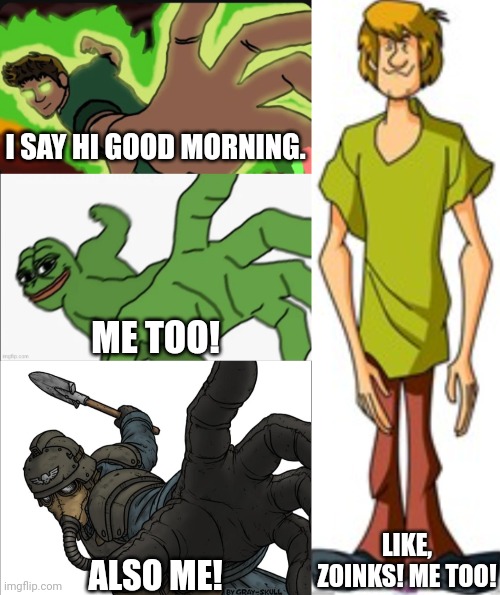 I SAY HI GOOD MORNING. ME TOO! LIKE, ZOINKS! ME TOO! ALSO ME! | image tagged in fnf decimation | made w/ Imgflip meme maker