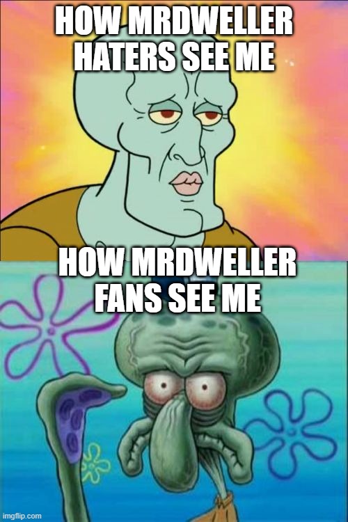true huh ? | HOW MRDWELLER HATERS SEE ME; HOW MRDWELLER FANS SEE ME | image tagged in memes,squidward | made w/ Imgflip meme maker