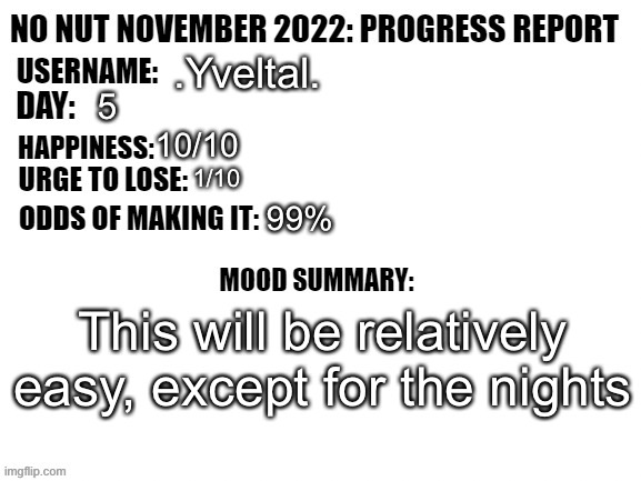 No Nut November 2022: Progress Report | .Yveltal. 5; 10/10; 1/10; 99%; This will be relatively easy, except for the nights | image tagged in no nut november 2022 progress report | made w/ Imgflip meme maker