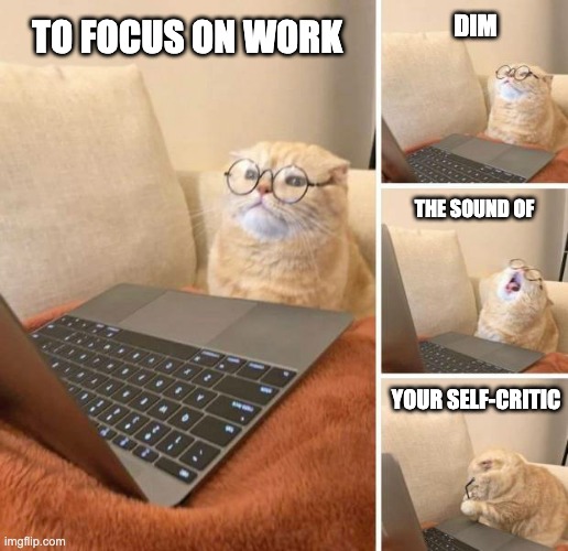 focus not on self-critic | DIM; TO FOCUS ON WORK; THE SOUND OF; YOUR SELF-CRITIC | image tagged in cat wearing glasses with laptop computer | made w/ Imgflip meme maker