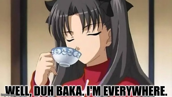 Rin Tohsaka drinking tea | WELL, DUH BAKA. I'M EVERYWHERE. | image tagged in rin tohsaka drinking tea | made w/ Imgflip meme maker