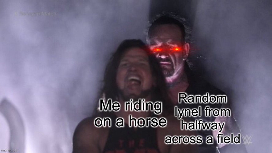 Do be like that | Me riding on a horse; Random lynel from halfway across a field | image tagged in aj styles undertaker | made w/ Imgflip meme maker