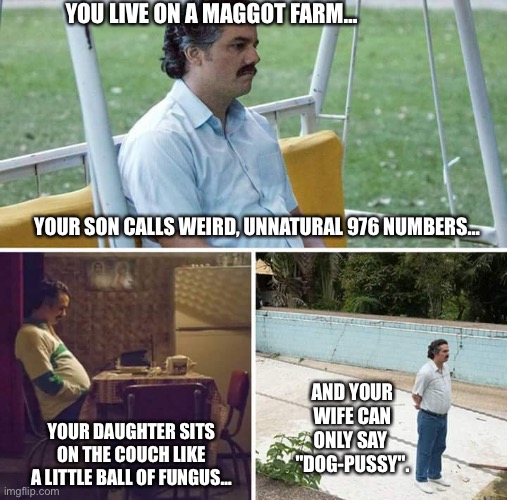 Sad Life | YOU LIVE ON A MAGGOT FARM…; YOUR SON CALLS WEIRD, UNNATURAL 976 NUMBERS…; AND YOUR WIFE CAN ONLY SAY  "DOG-PUSSY". YOUR DAUGHTER SITS ON THE COUCH LIKE A LITTLE BALL OF FUNGUS… | image tagged in memes,sad pablo escobar,strange family,depressing,dead milkmen | made w/ Imgflip meme maker