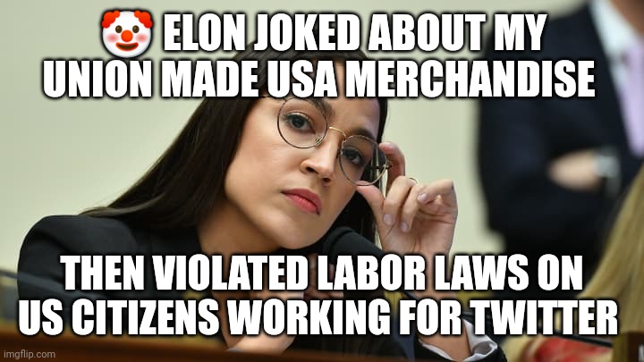 Not so bright Elon | 🤡 ELON JOKED ABOUT MY UNION MADE USA MERCHANDISE; THEN VIOLATED LABOR LAWS ON US CITIZENS WORKING FOR TWITTER | image tagged in the invincible aoc | made w/ Imgflip meme maker