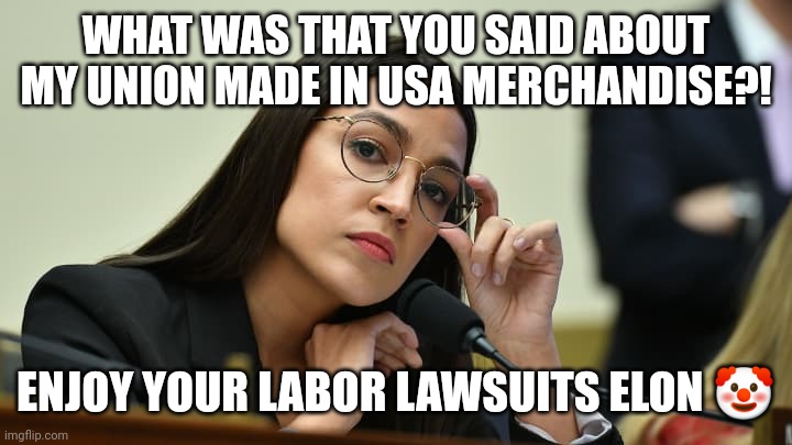 BASED AOC! | WHAT WAS THAT YOU SAID ABOUT MY UNION MADE IN USA MERCHANDISE?! ENJOY YOUR LABOR LAWSUITS ELON 🤡 | image tagged in the invincible aoc | made w/ Imgflip meme maker